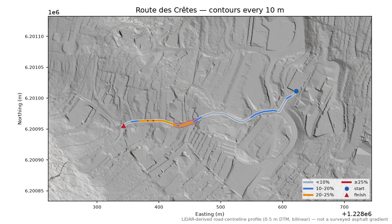 Route des Crêtes LiDAR hillshade map with contours