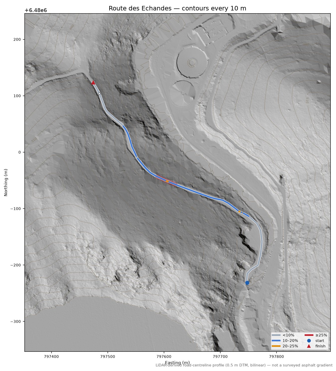 Route des Echandes LiDAR hillshade map with contours
