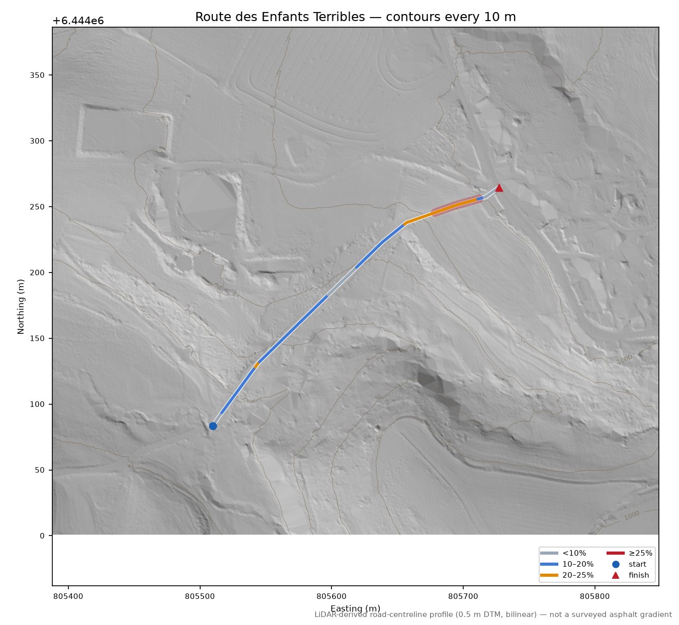 Route des Enfants Terribles LiDAR hillshade map with contours