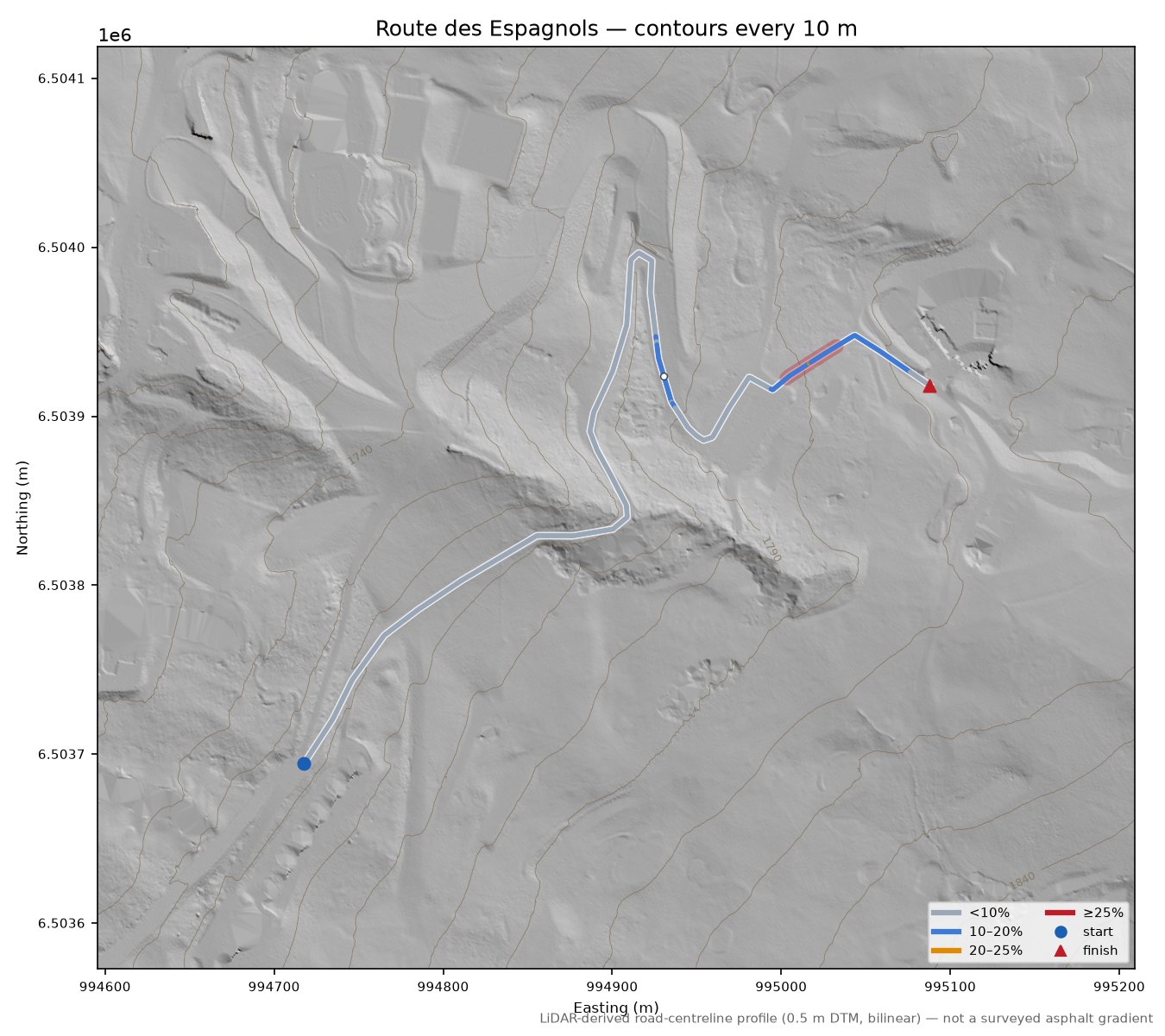 Route des Espagnols LiDAR hillshade map with contours