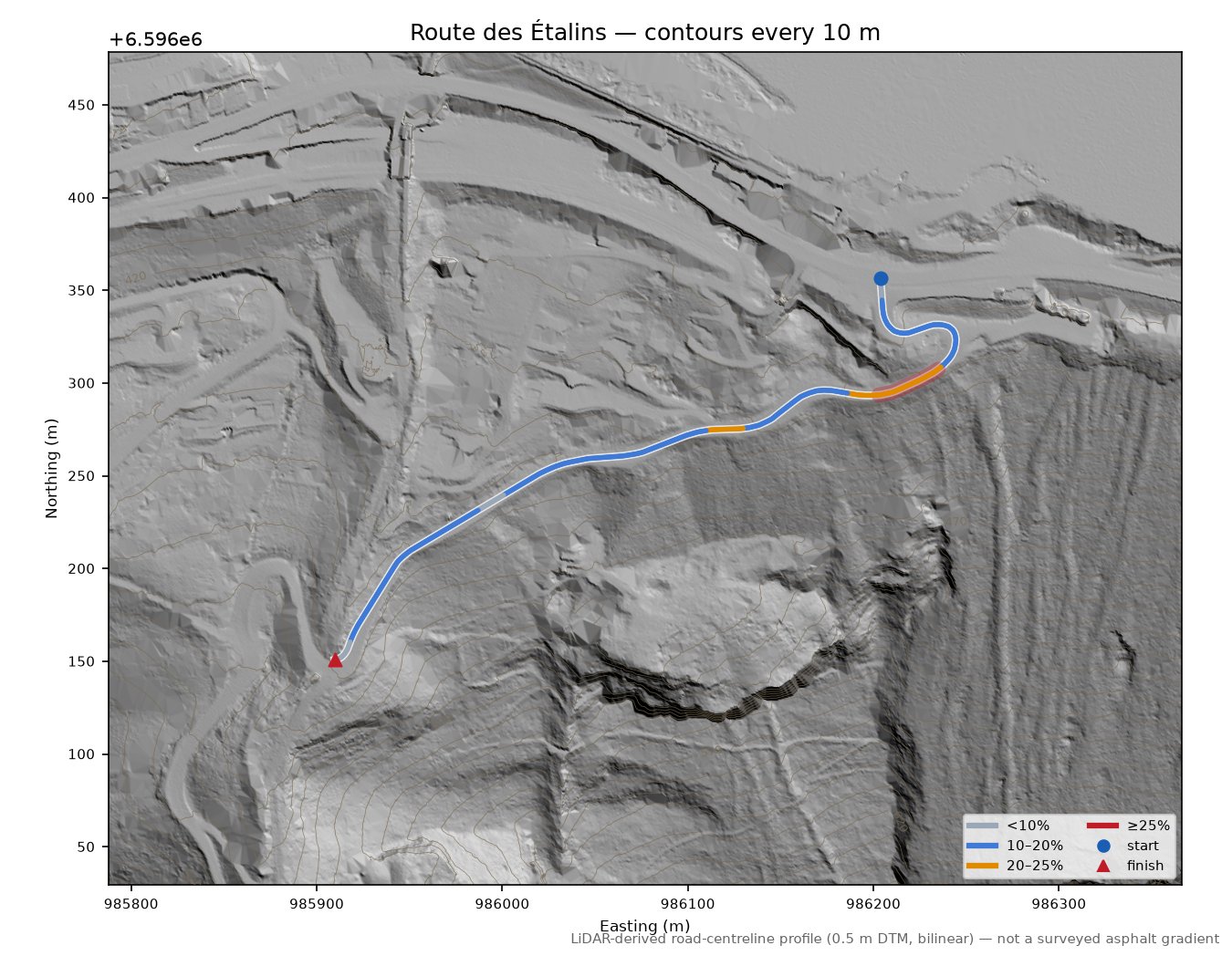 Route des Étalins LiDAR hillshade map with contours