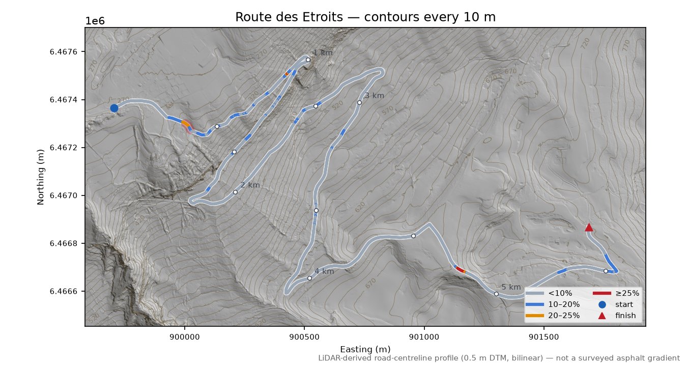 Route des Etroits LiDAR hillshade map with contours