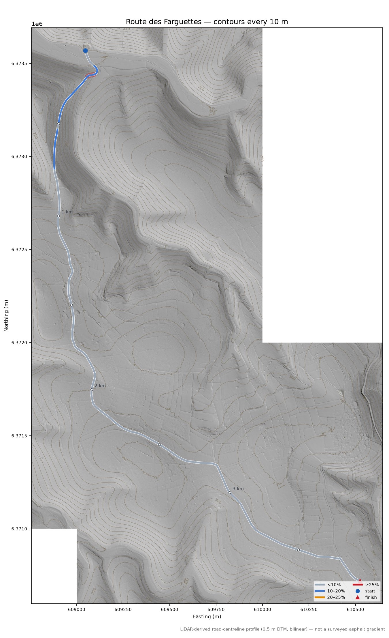 Route des Farguettes LiDAR hillshade map with contours