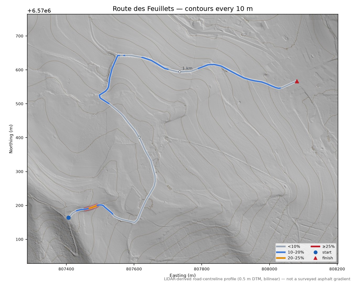 Route des Feuillets LiDAR hillshade map with contours