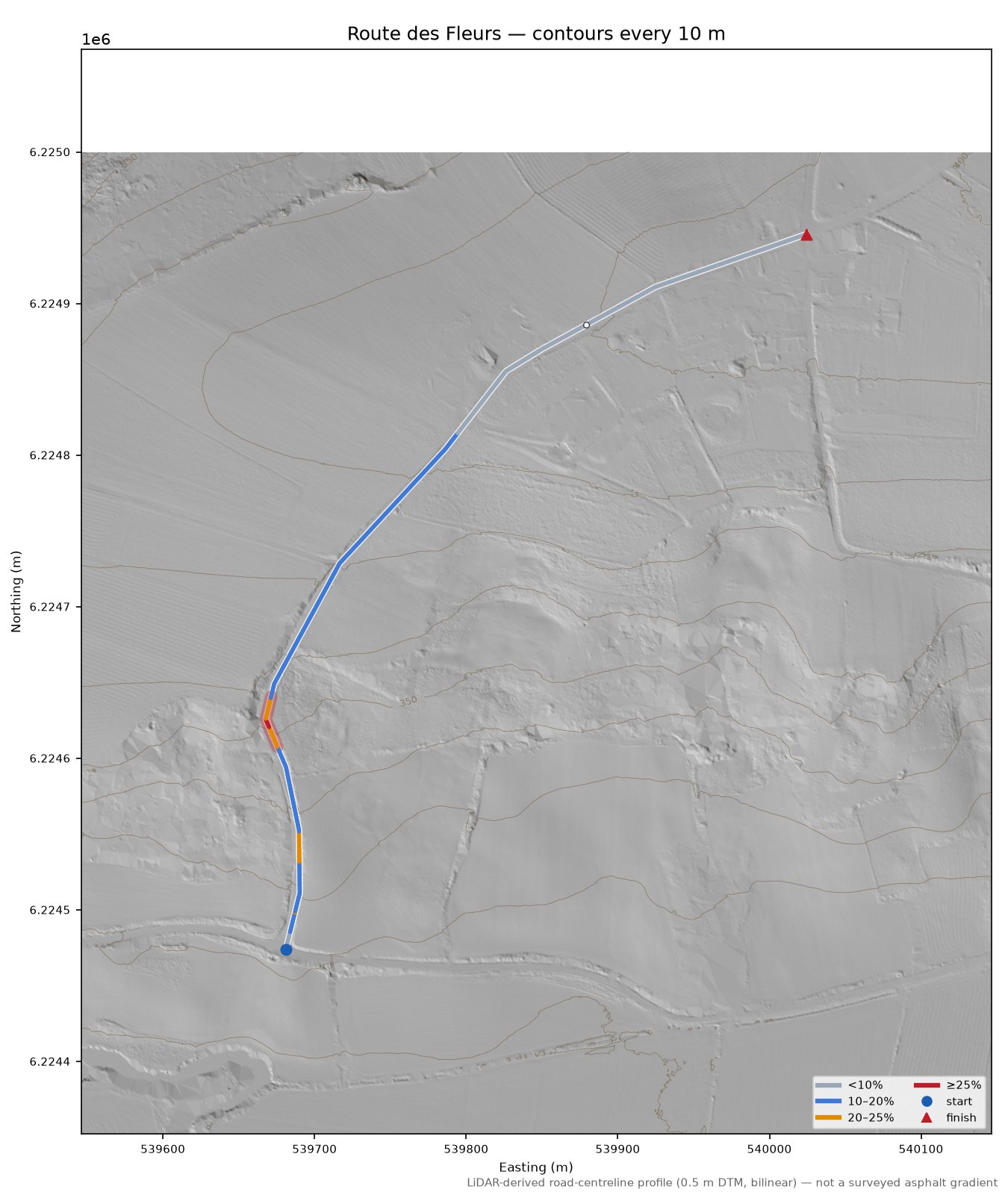 Route des Fleurs LiDAR hillshade map with contours