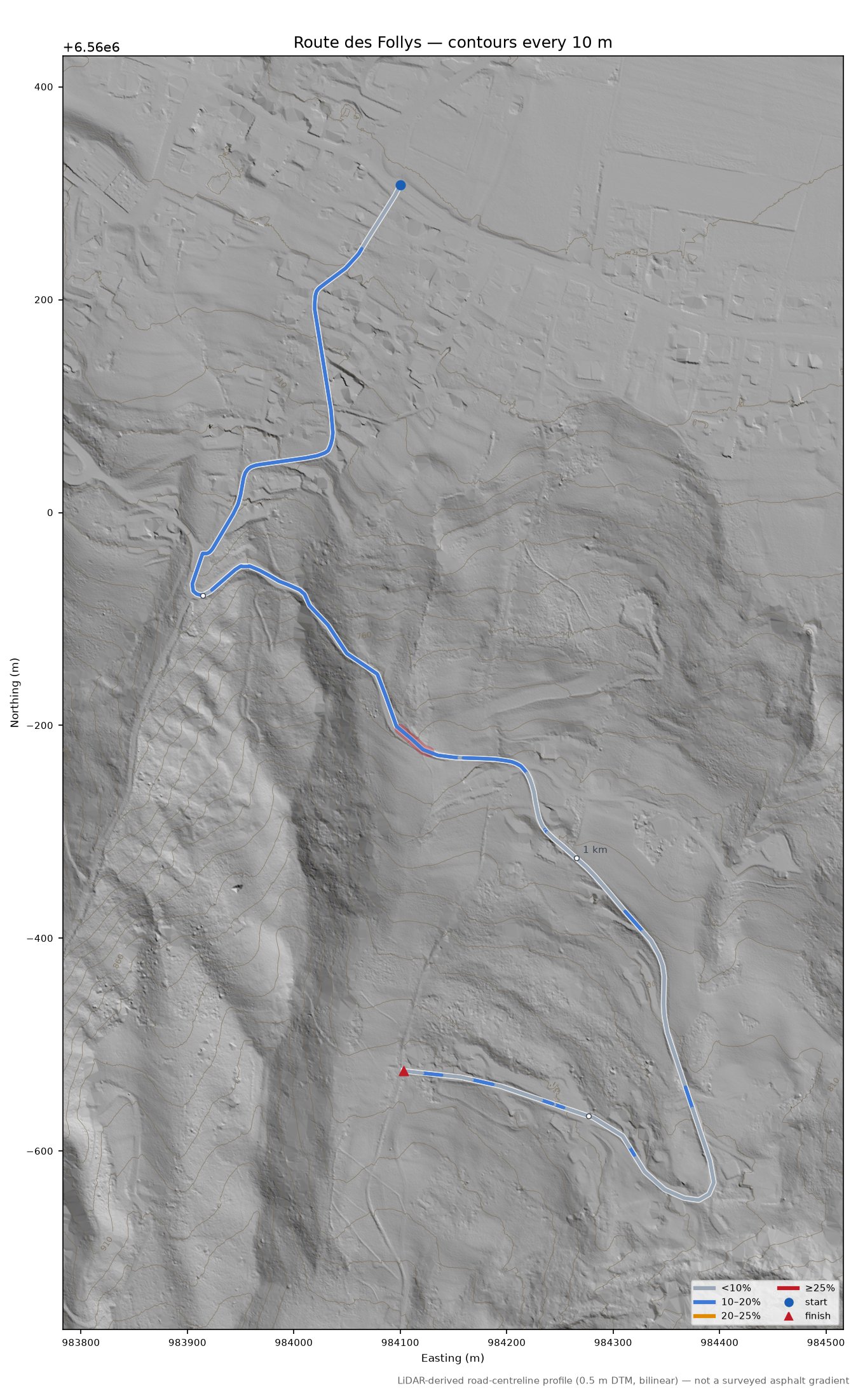 Route des Follys LiDAR hillshade map with contours