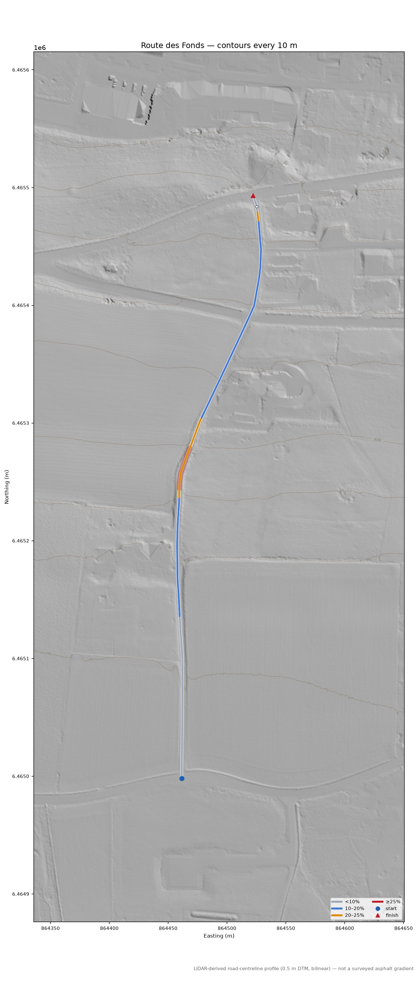 Route des Fonds LiDAR hillshade map with contours