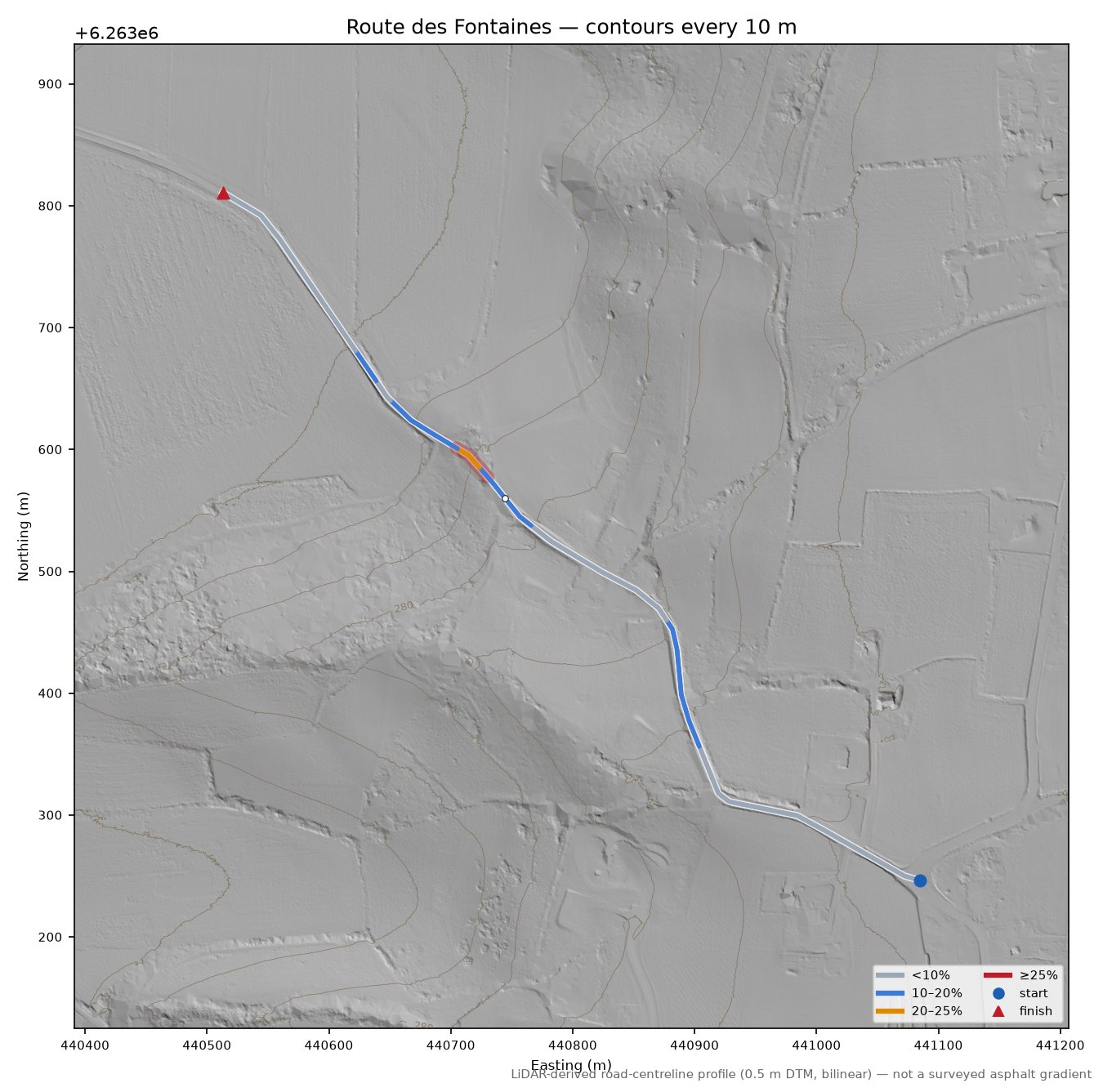 Route des Fontaines LiDAR hillshade map with contours