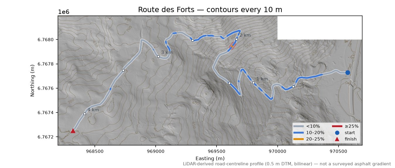Route des Forts LiDAR hillshade map with contours