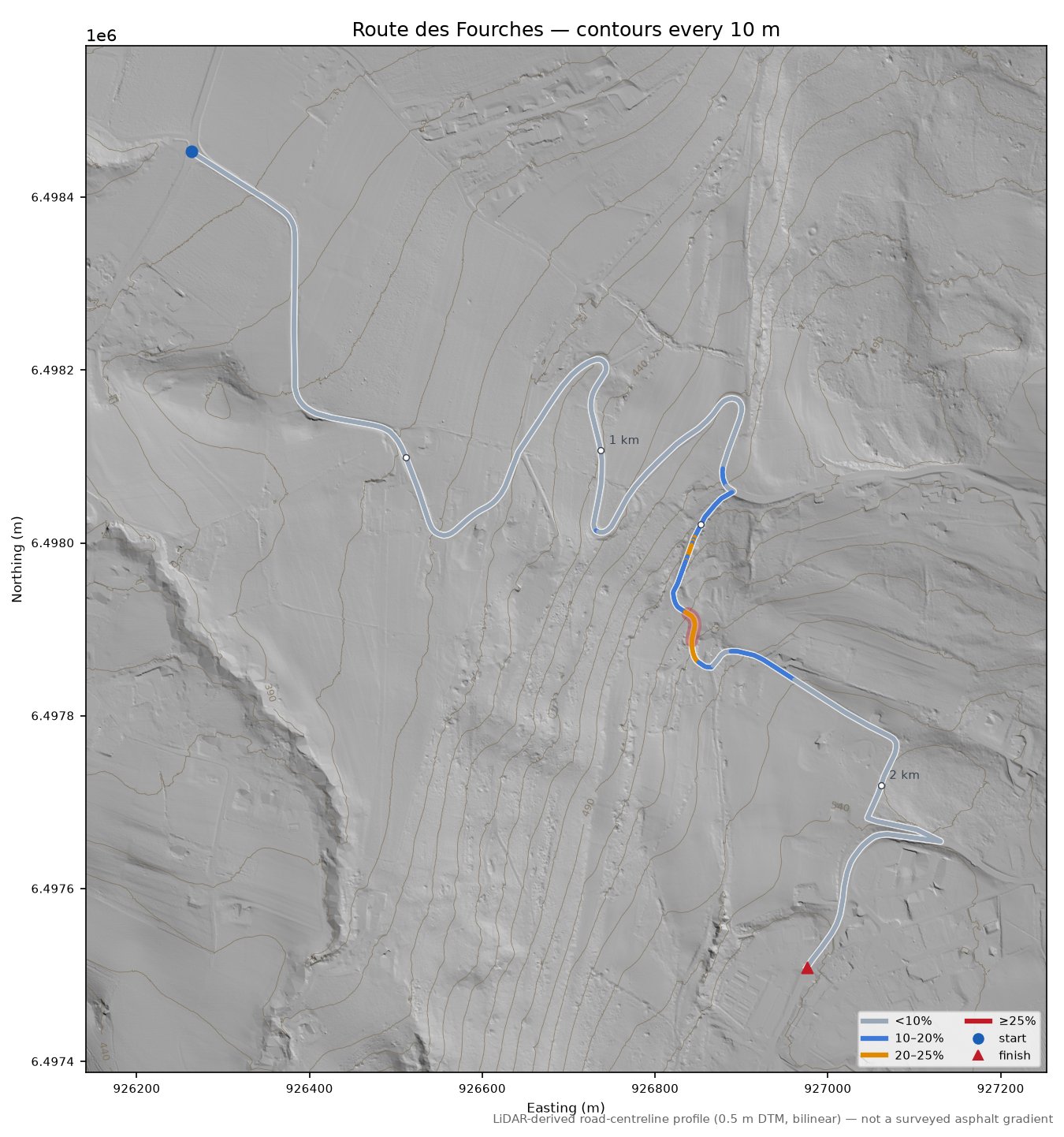 Route des Fourches LiDAR hillshade map with contours