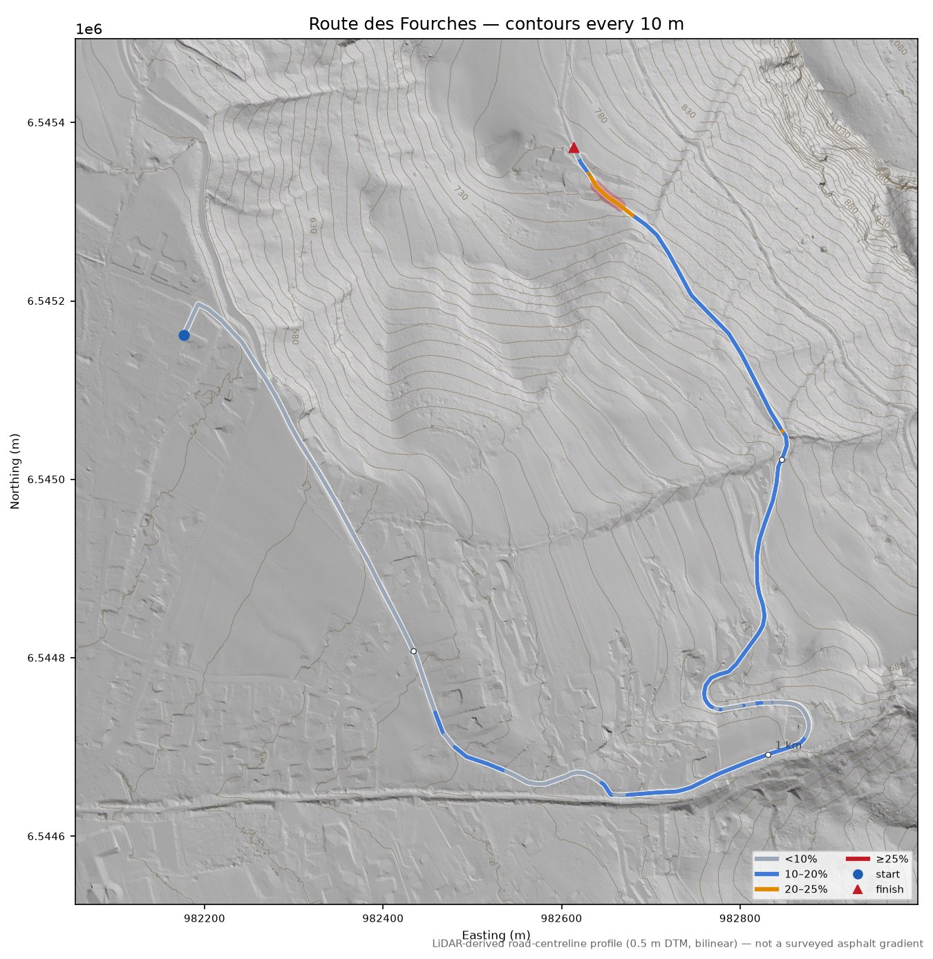 Route des Fourches LiDAR hillshade map with contours
