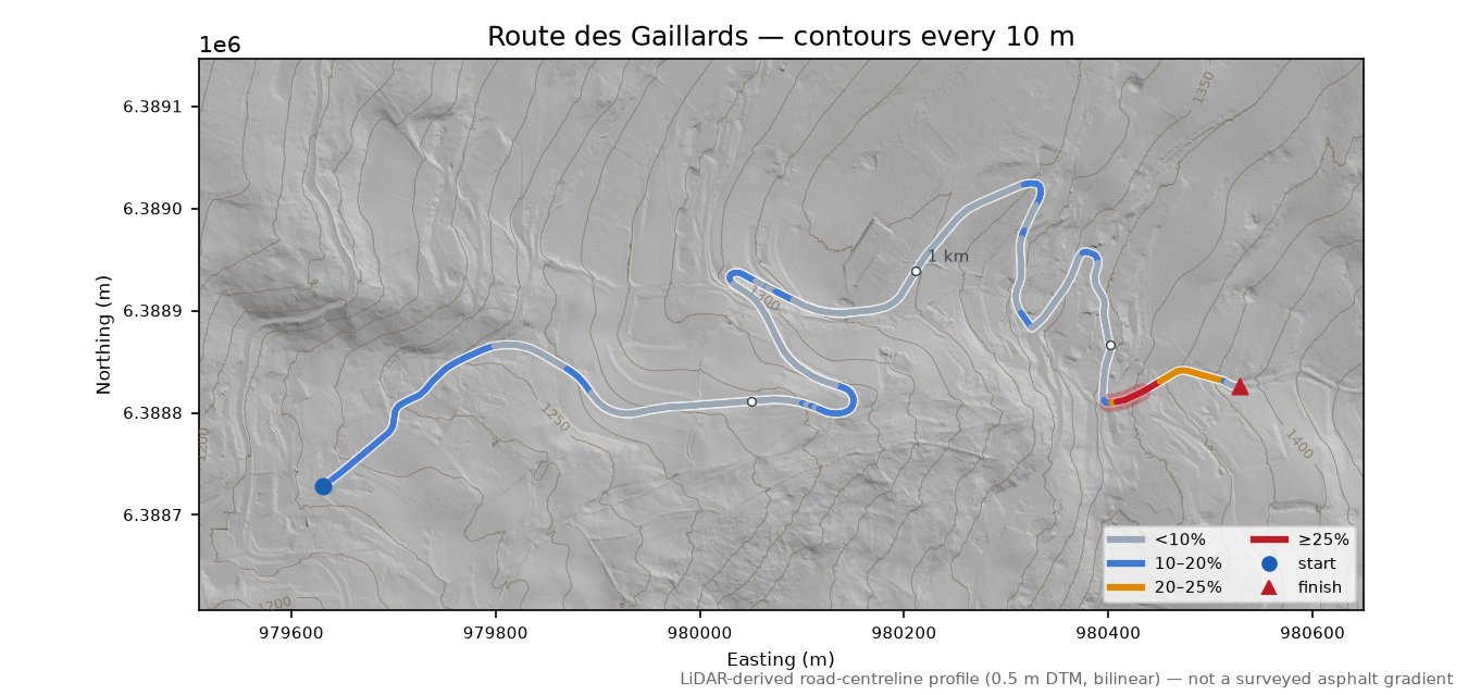 Route des Gaillards LiDAR hillshade map with contours