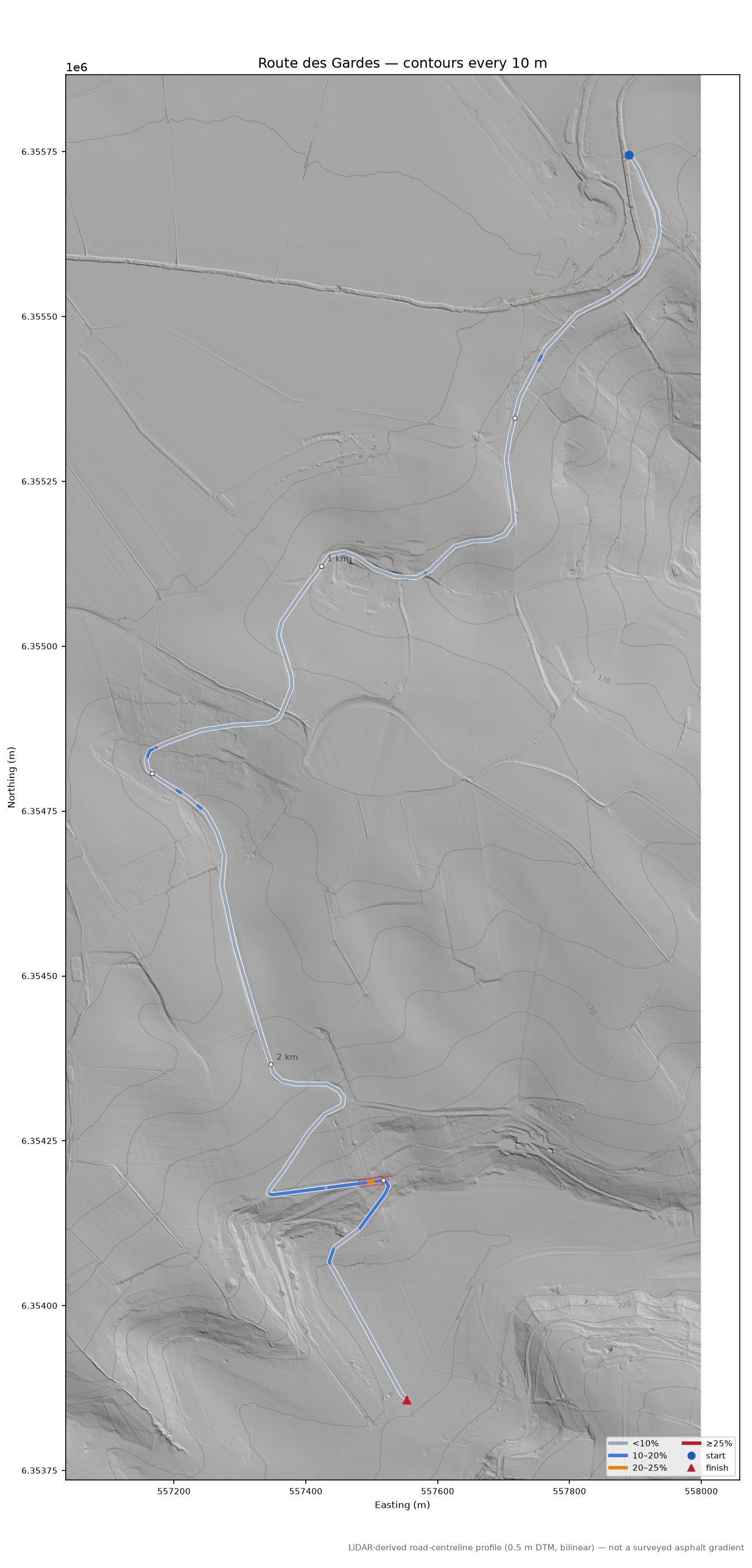 Route des Gardes LiDAR hillshade map with contours