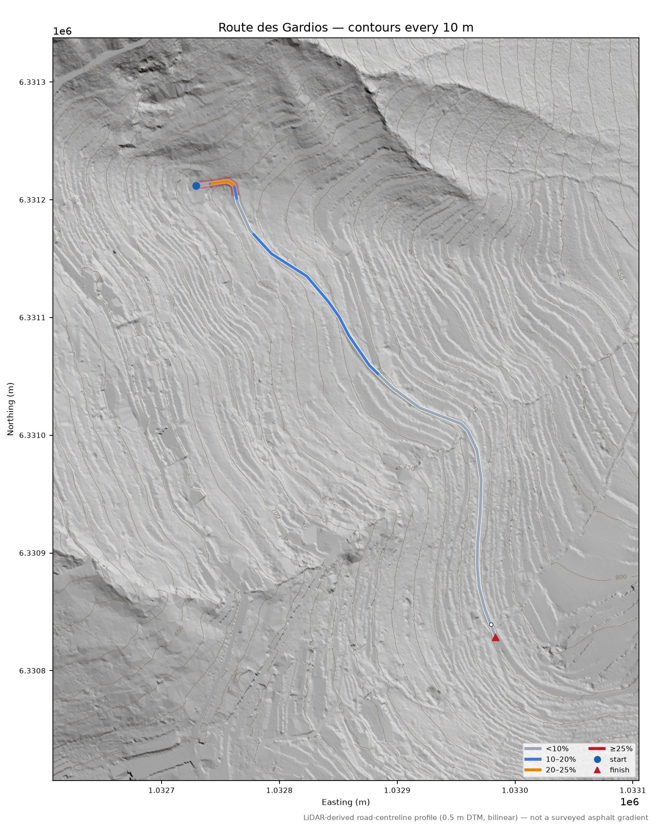 Route des Gardios LiDAR hillshade map with contours
