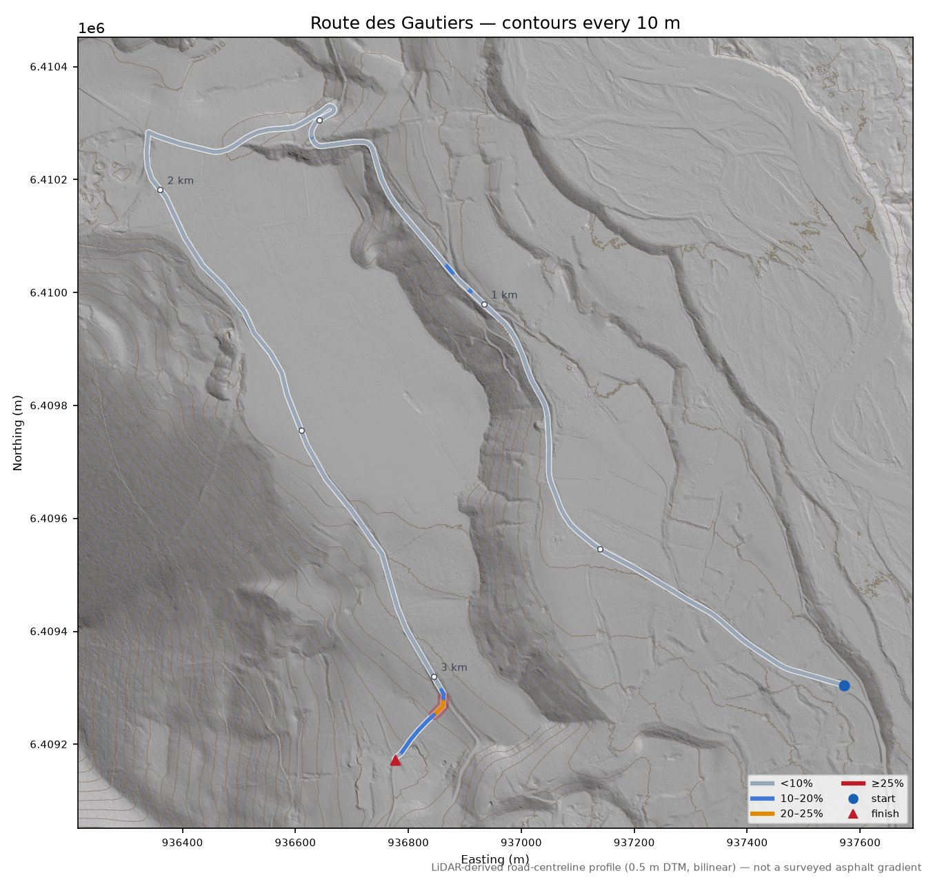 Route des Gautiers LiDAR hillshade map with contours
