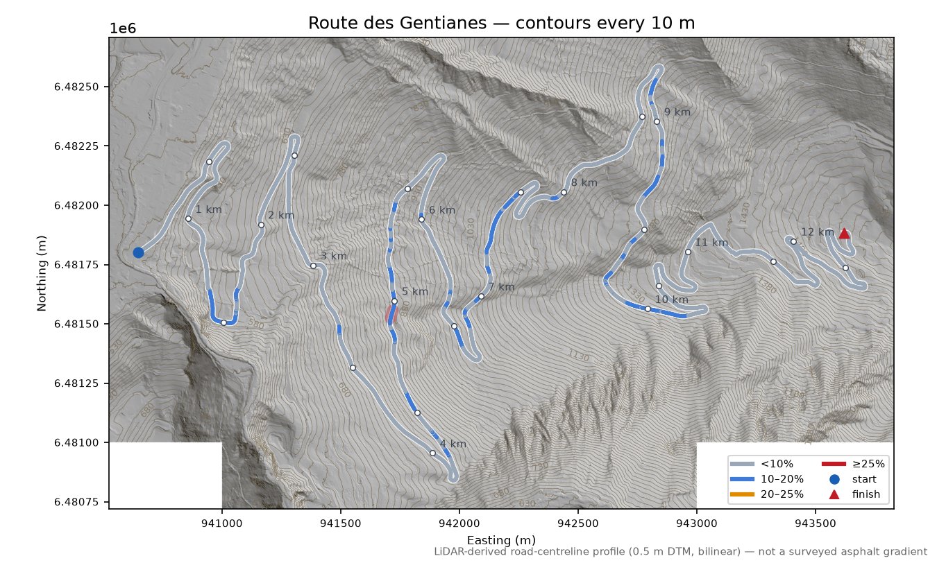Route des Gentianes LiDAR hillshade map with contours