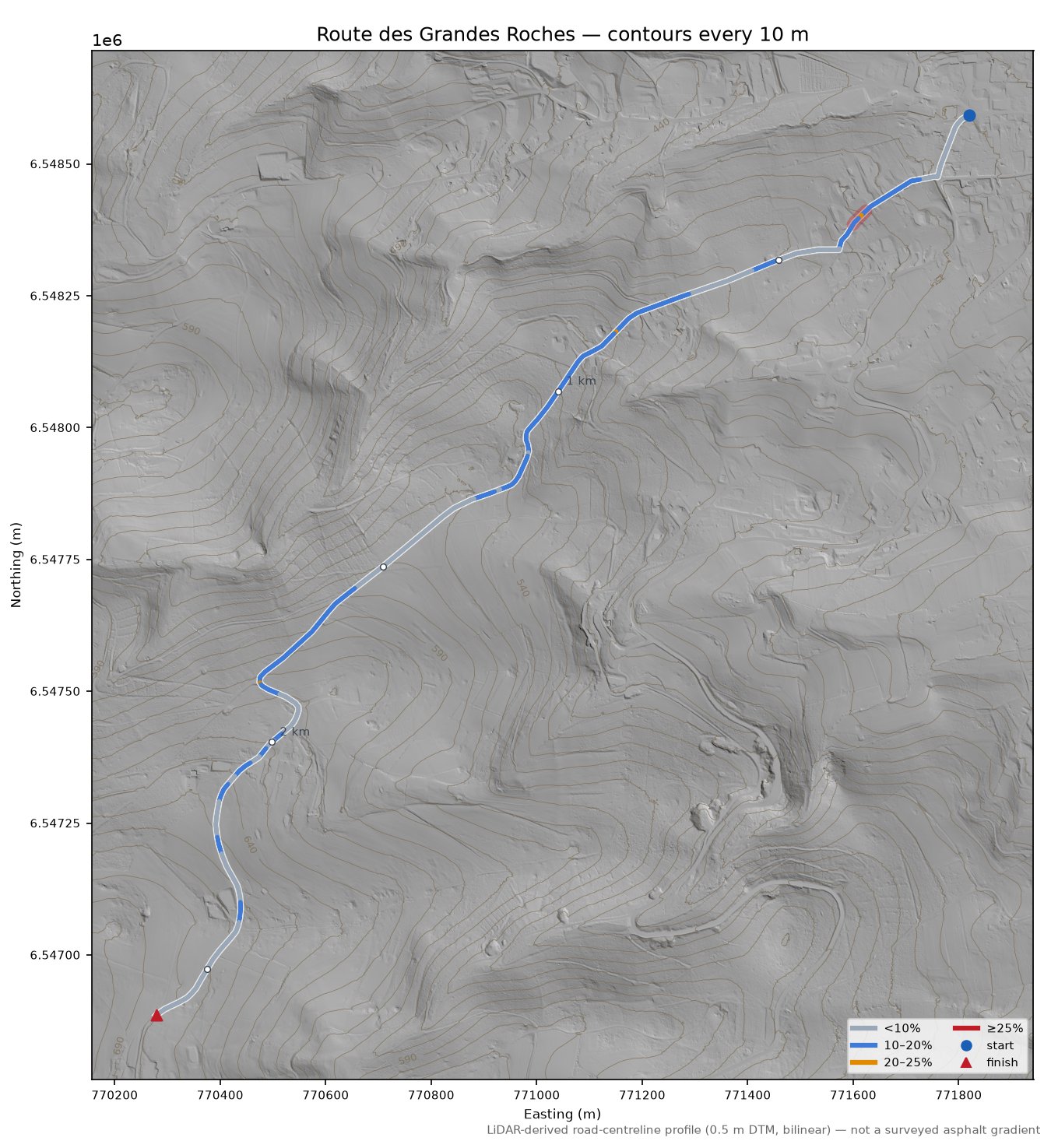 Route des Grandes Roches LiDAR hillshade map with contours