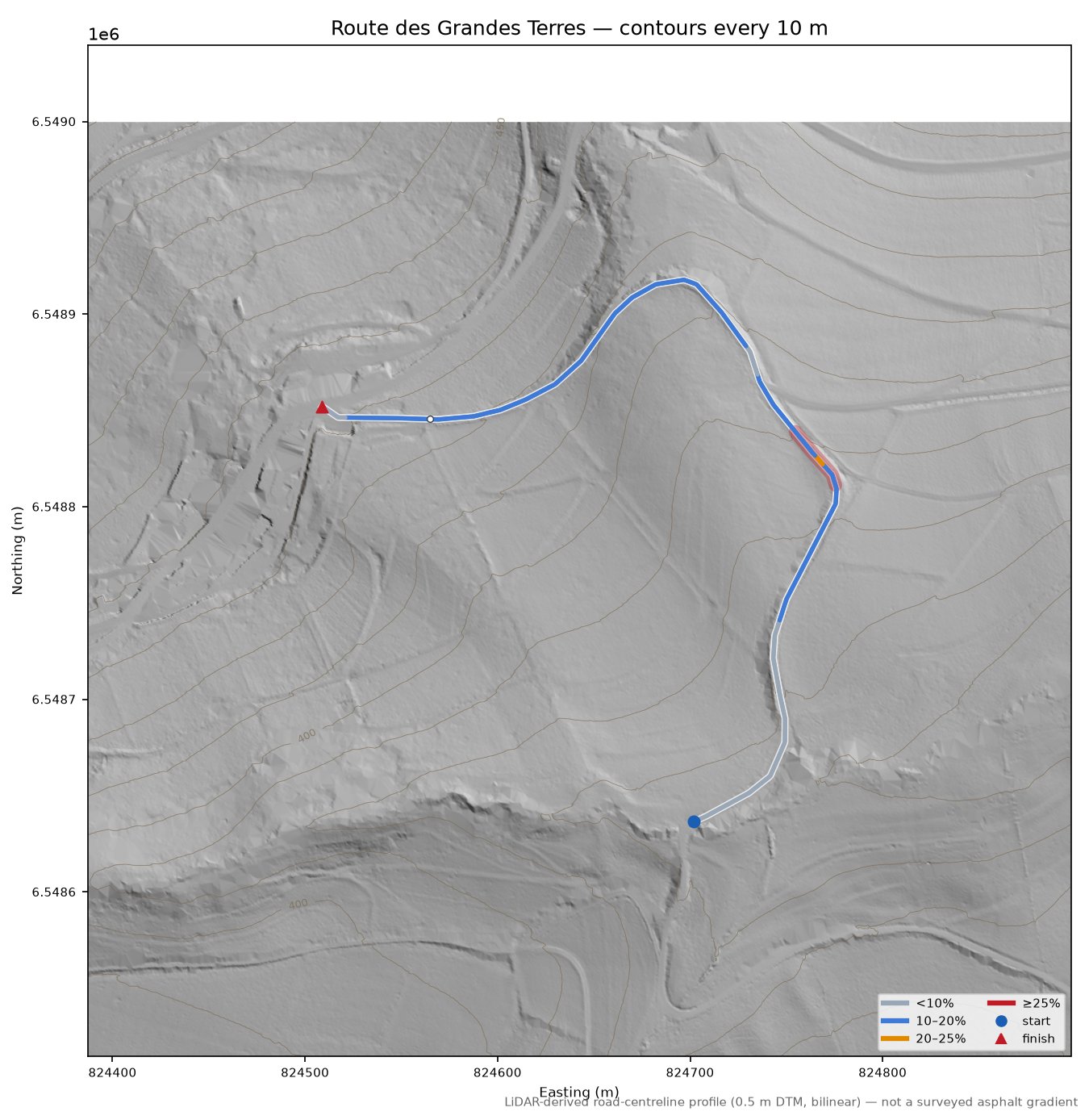 Route des Grandes Terres LiDAR hillshade map with contours