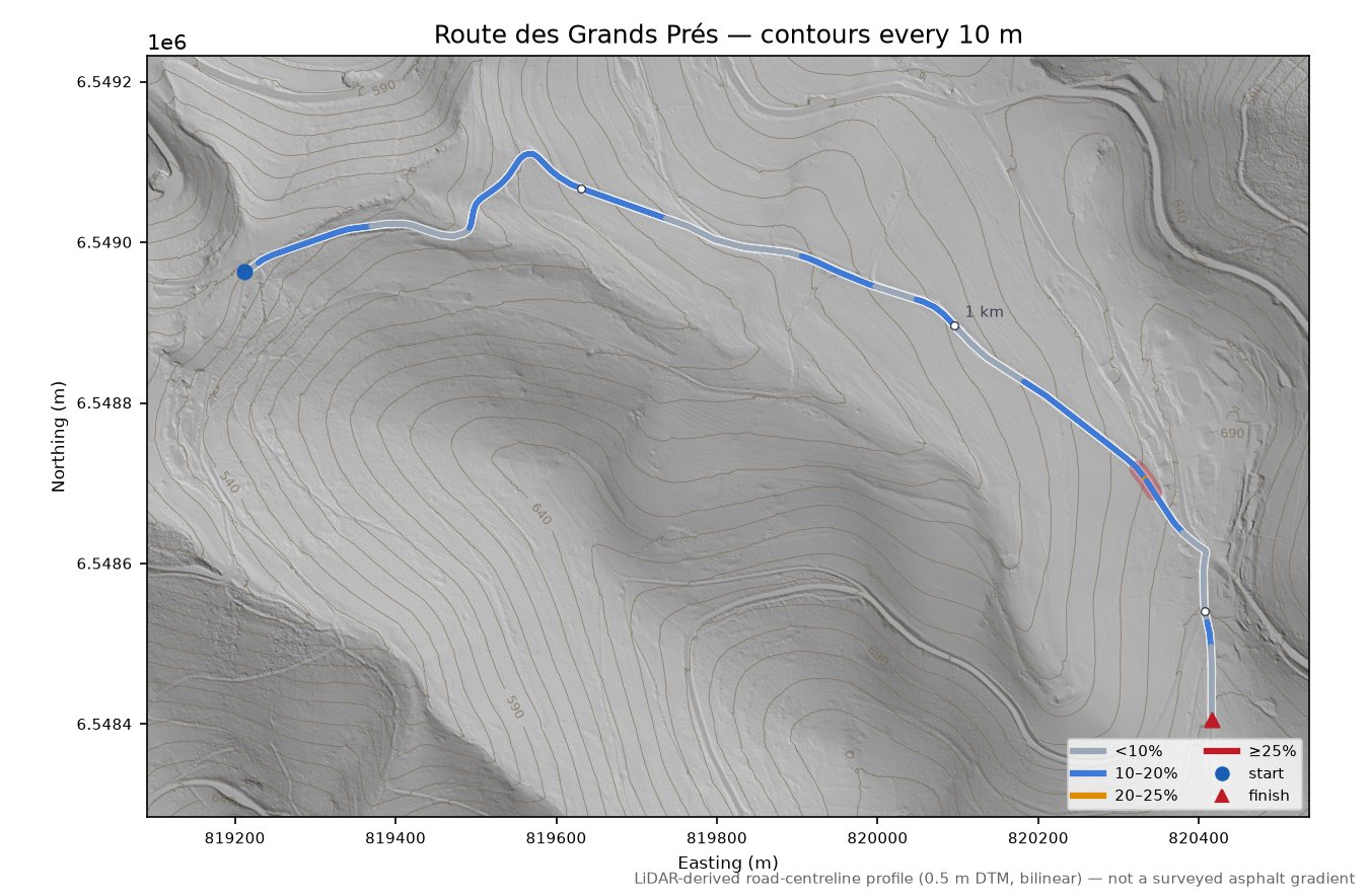 Route des Grands Prés LiDAR hillshade map with contours