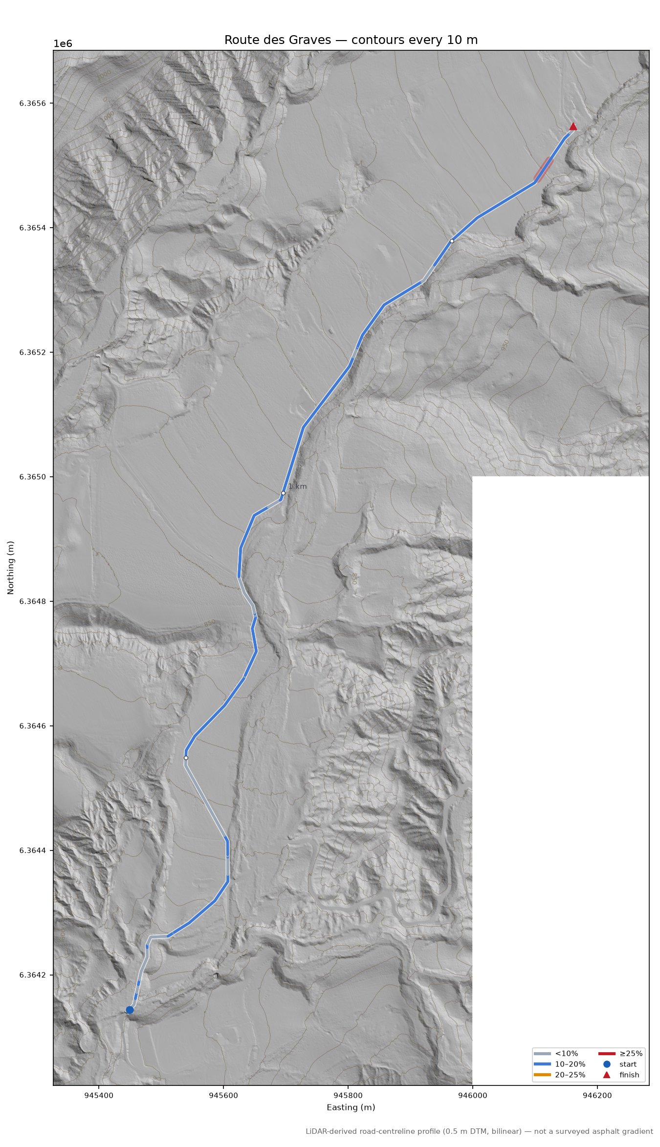 Route des Graves LiDAR hillshade map with contours