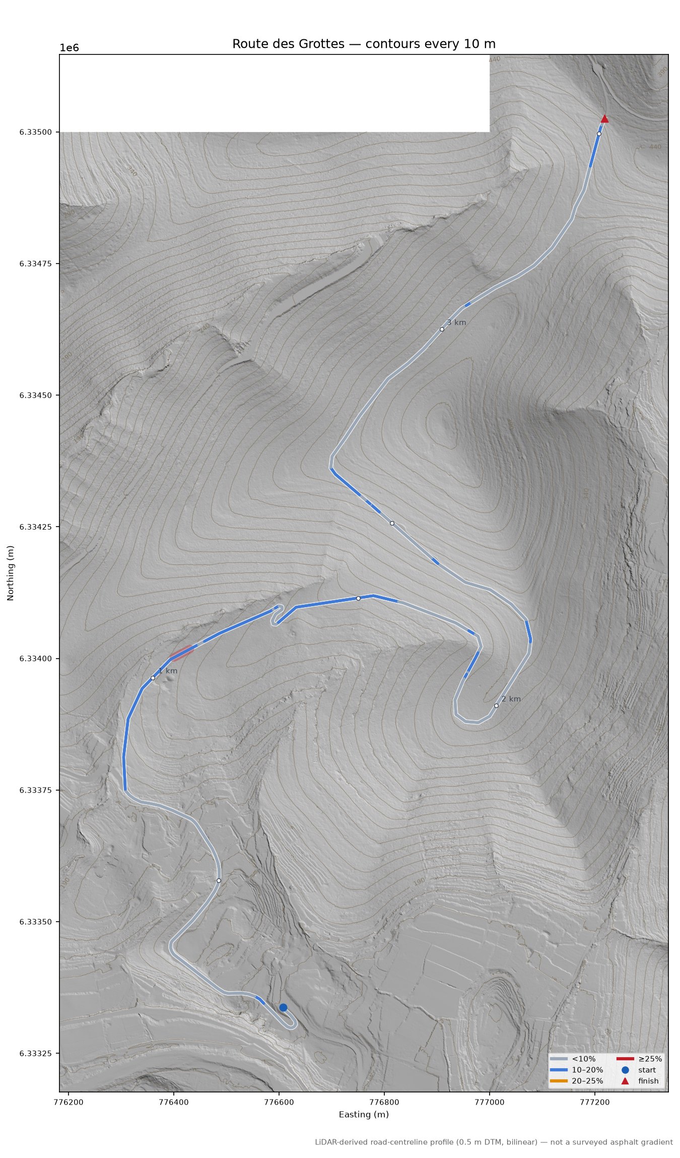 Route des Grottes LiDAR hillshade map with contours