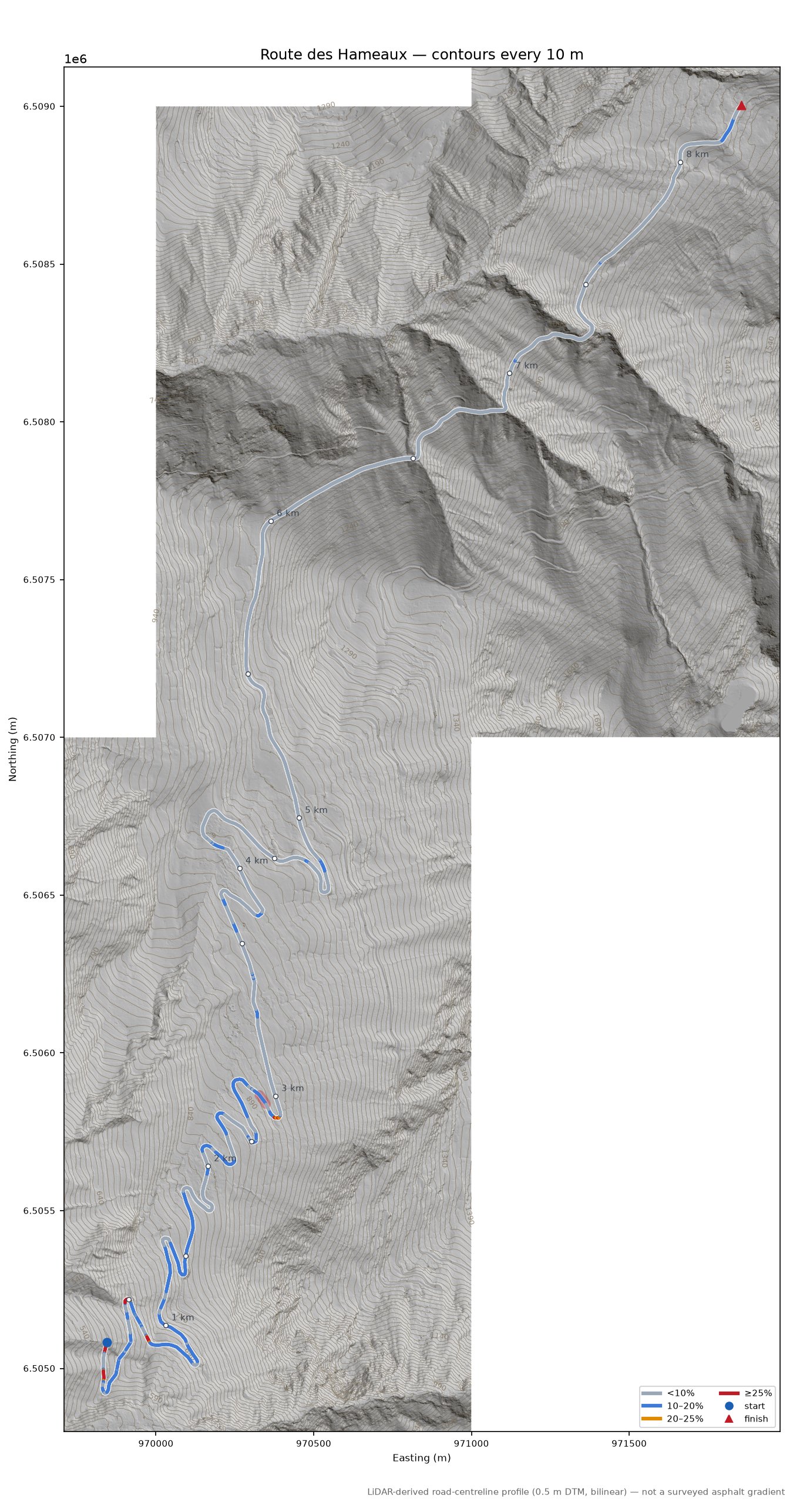 Route des Hameaux LiDAR hillshade map with contours
