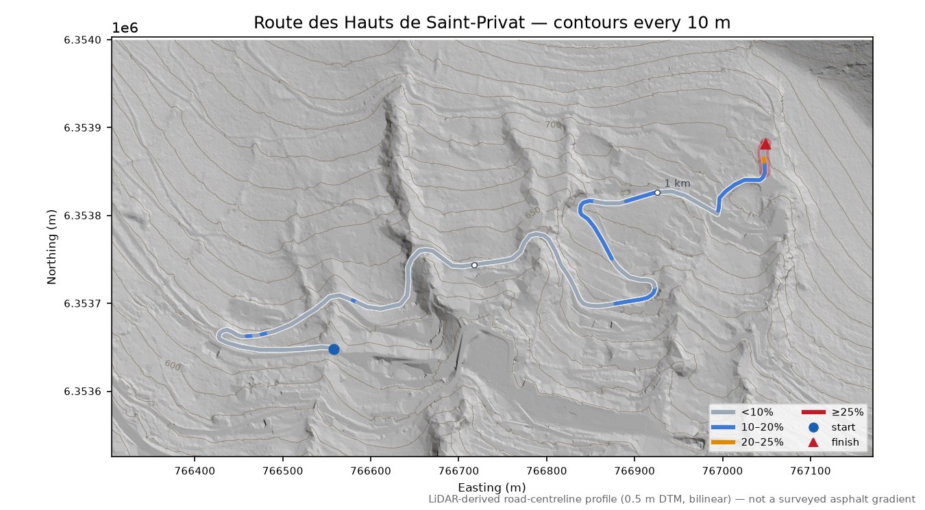 Route des Hauts de Saint-Privat LiDAR hillshade map with contours
