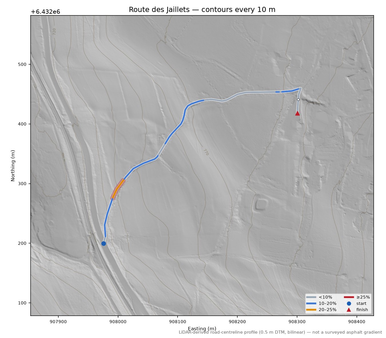 Route des Jaillets LiDAR hillshade map with contours