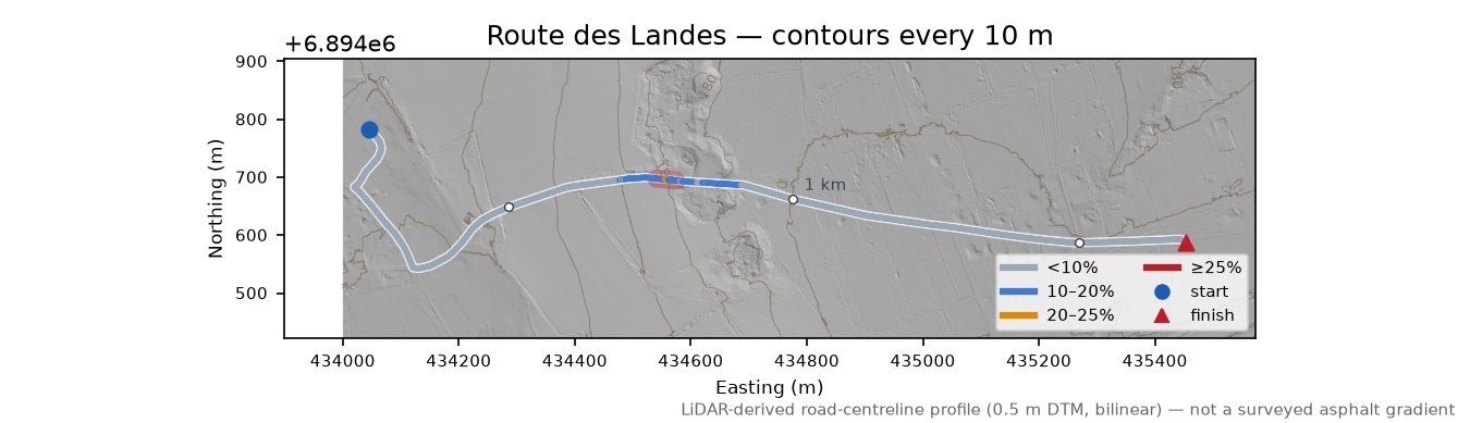 Route des Landes LiDAR hillshade map with contours