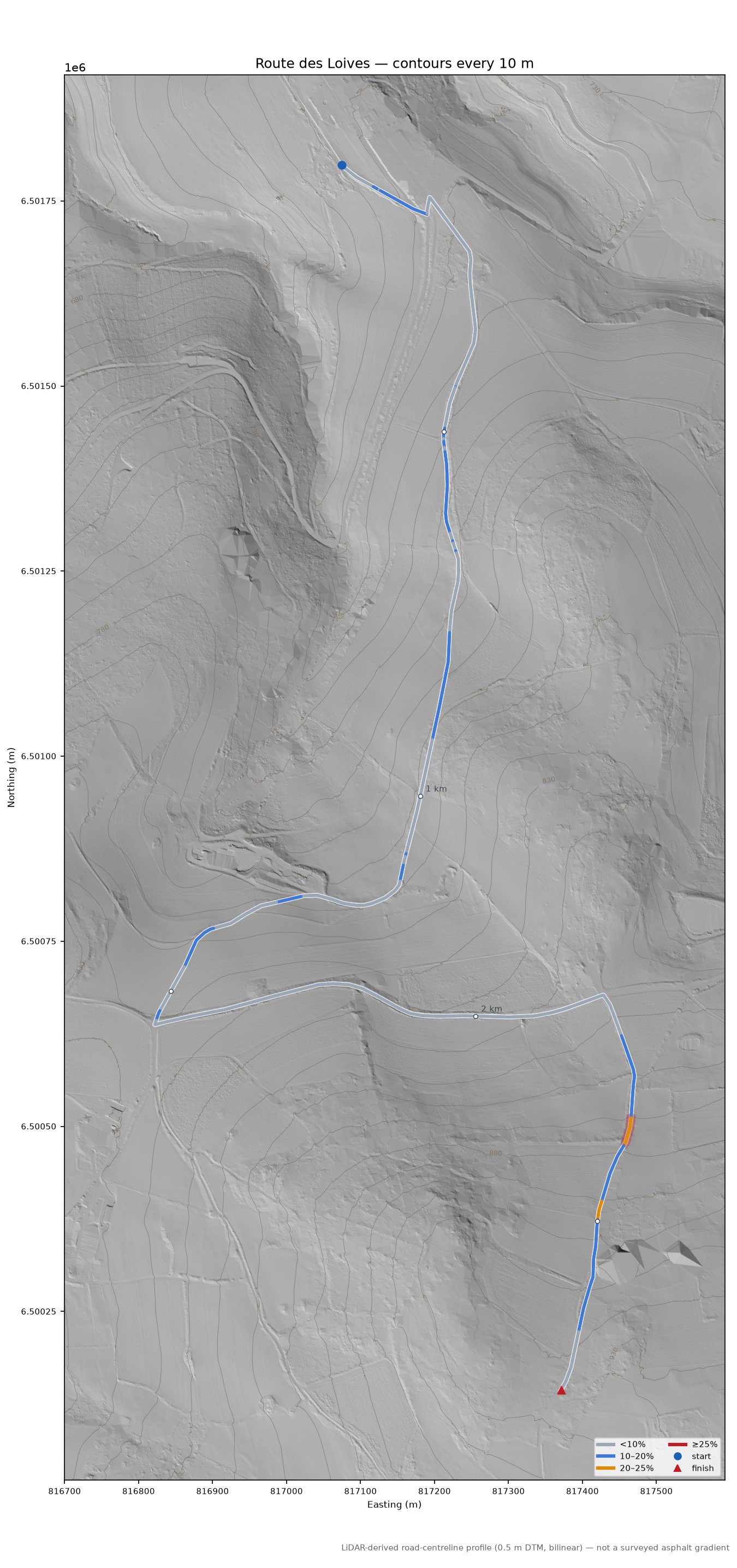 Route des Loives LiDAR hillshade map with contours