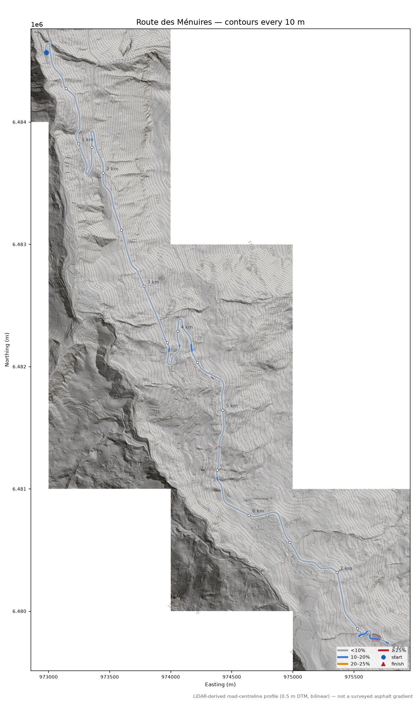 Route des Ménuires LiDAR hillshade map with contours