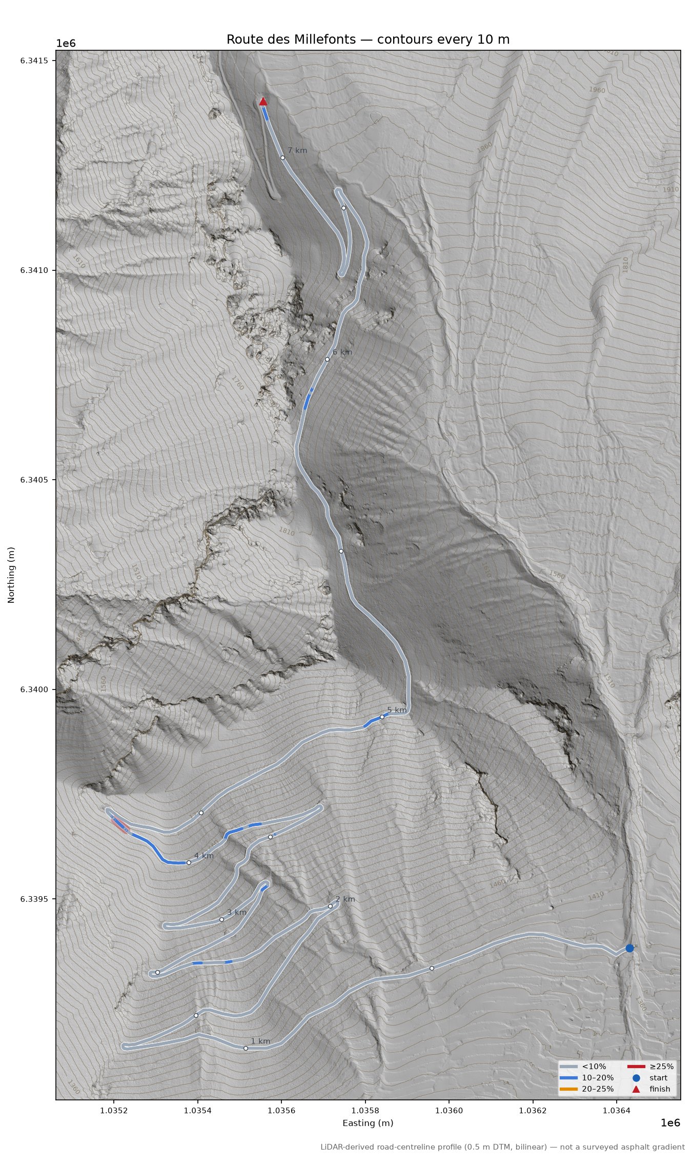 Route des Millefonts LiDAR hillshade map with contours