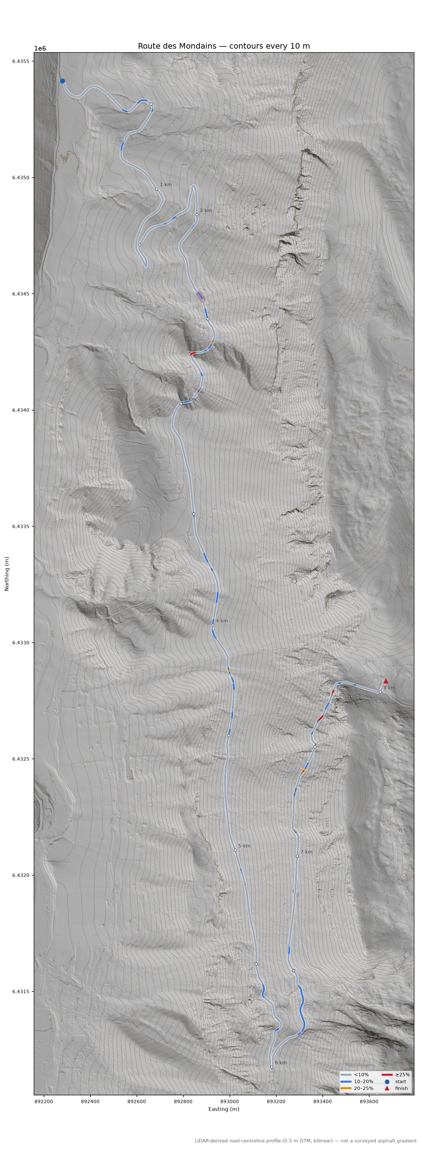 Route des Mondains LiDAR hillshade map with contours