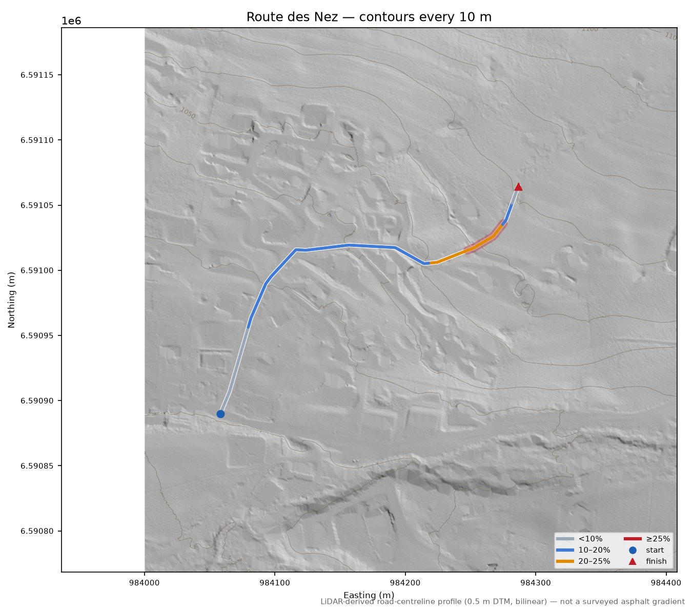 Route des Nez LiDAR hillshade map with contours