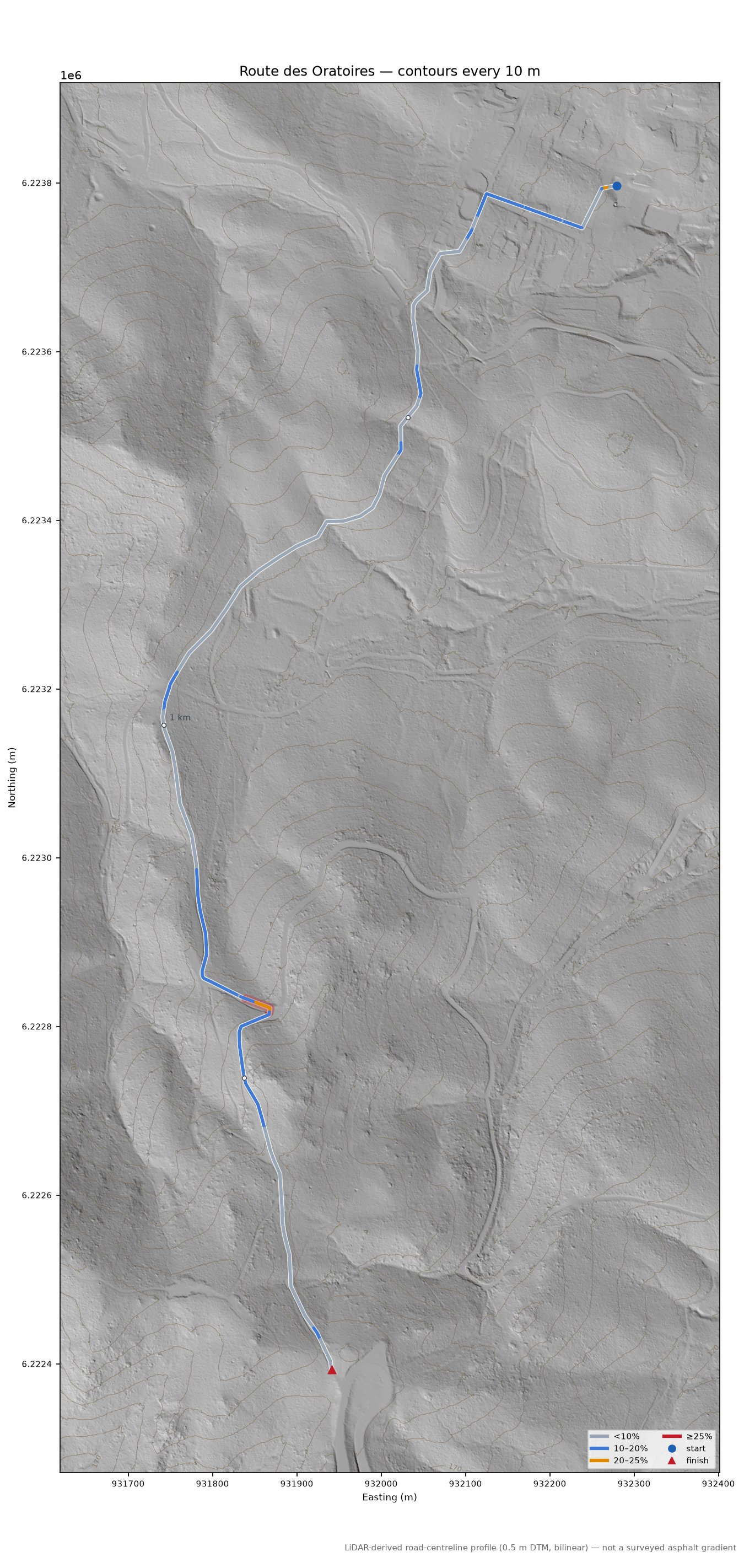Route des Oratoires LiDAR hillshade map with contours
