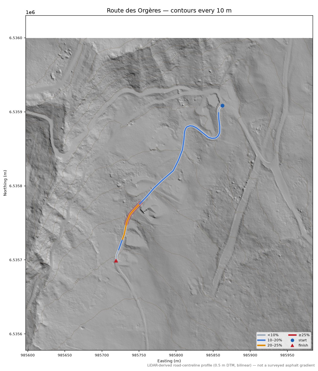 Route des Orgères LiDAR hillshade map with contours