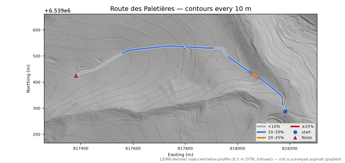 Route des Paletières LiDAR hillshade map with contours