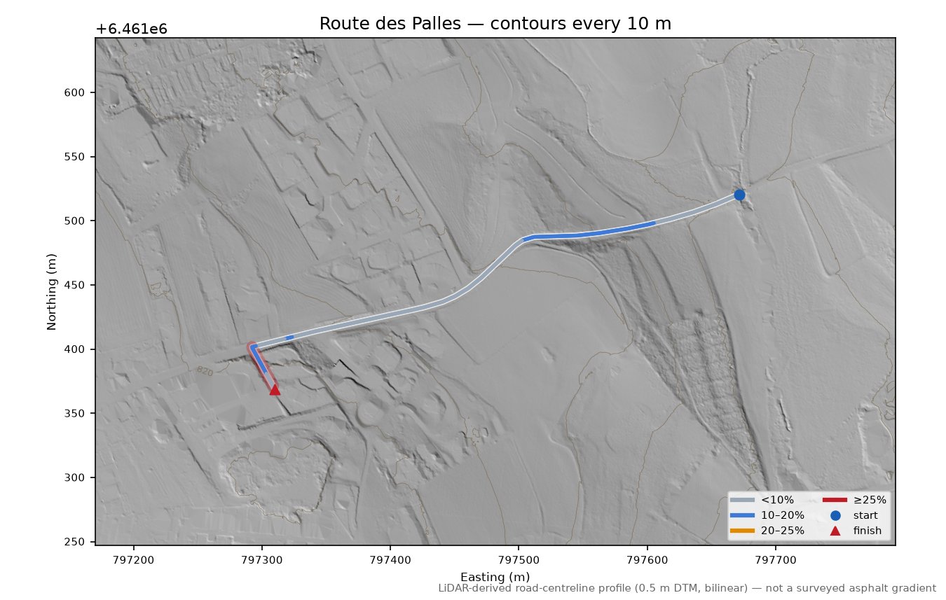 Route des Palles LiDAR hillshade map with contours
