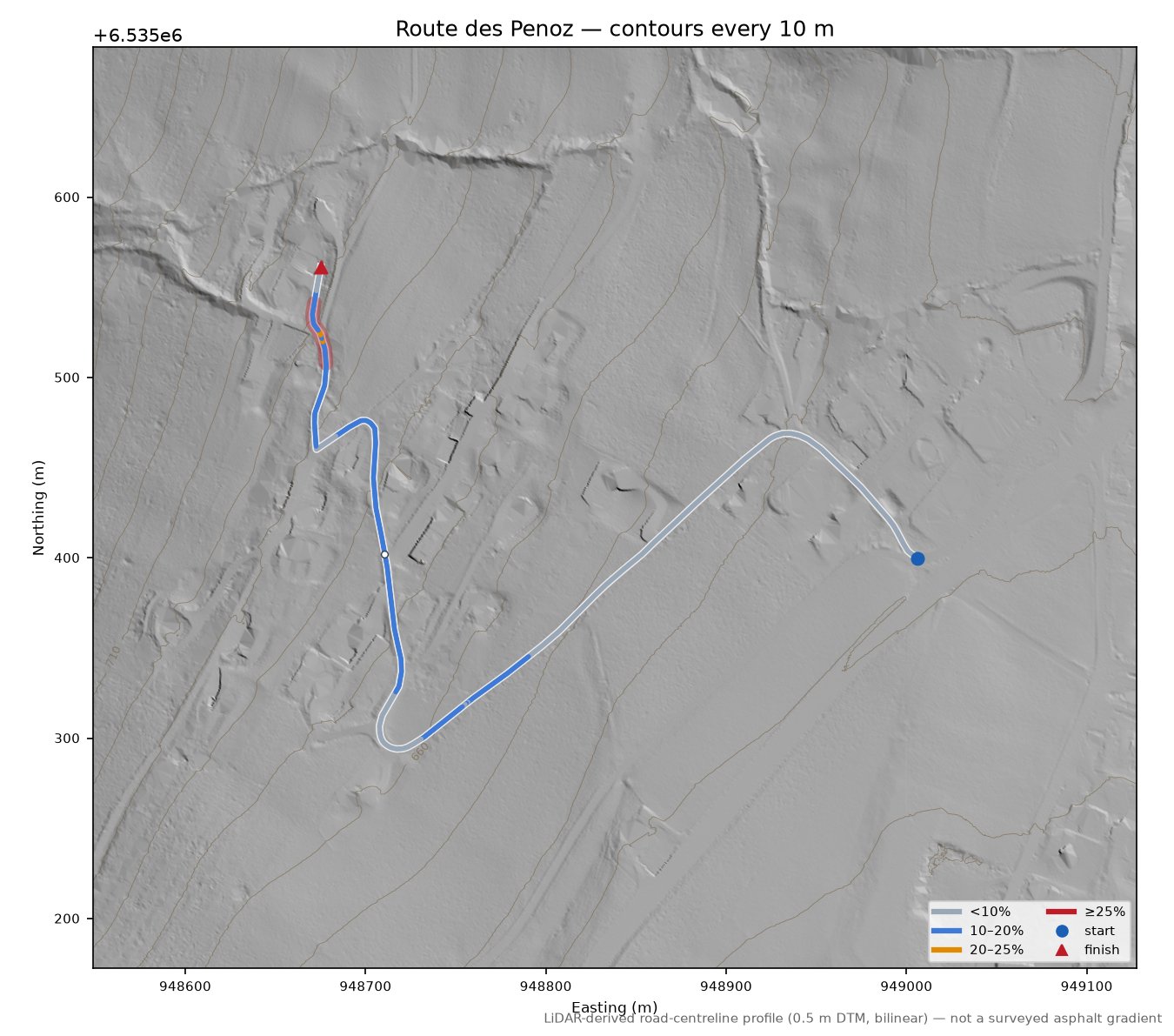 Route des Penoz LiDAR hillshade map with contours