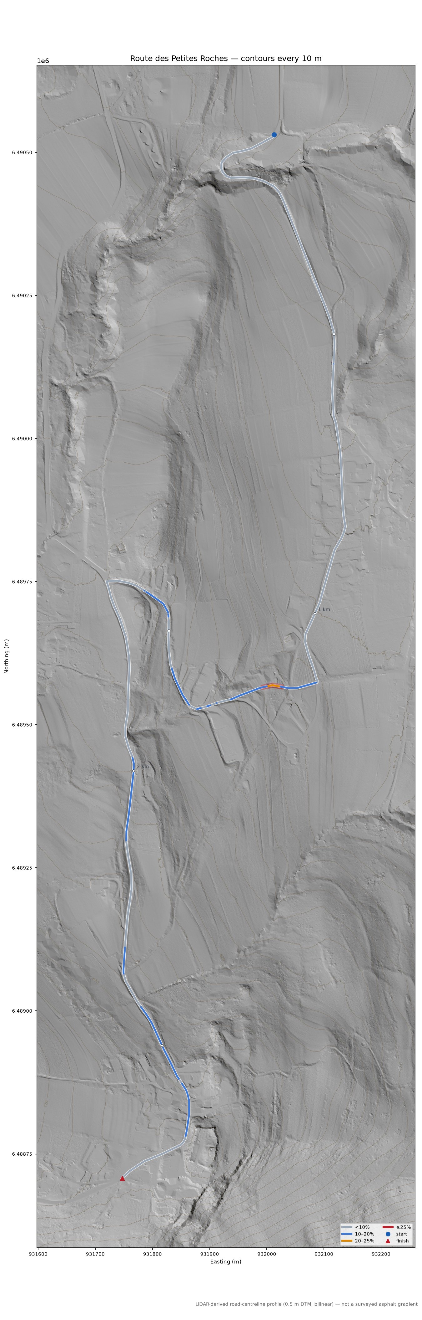 Route des Petites Roches LiDAR hillshade map with contours