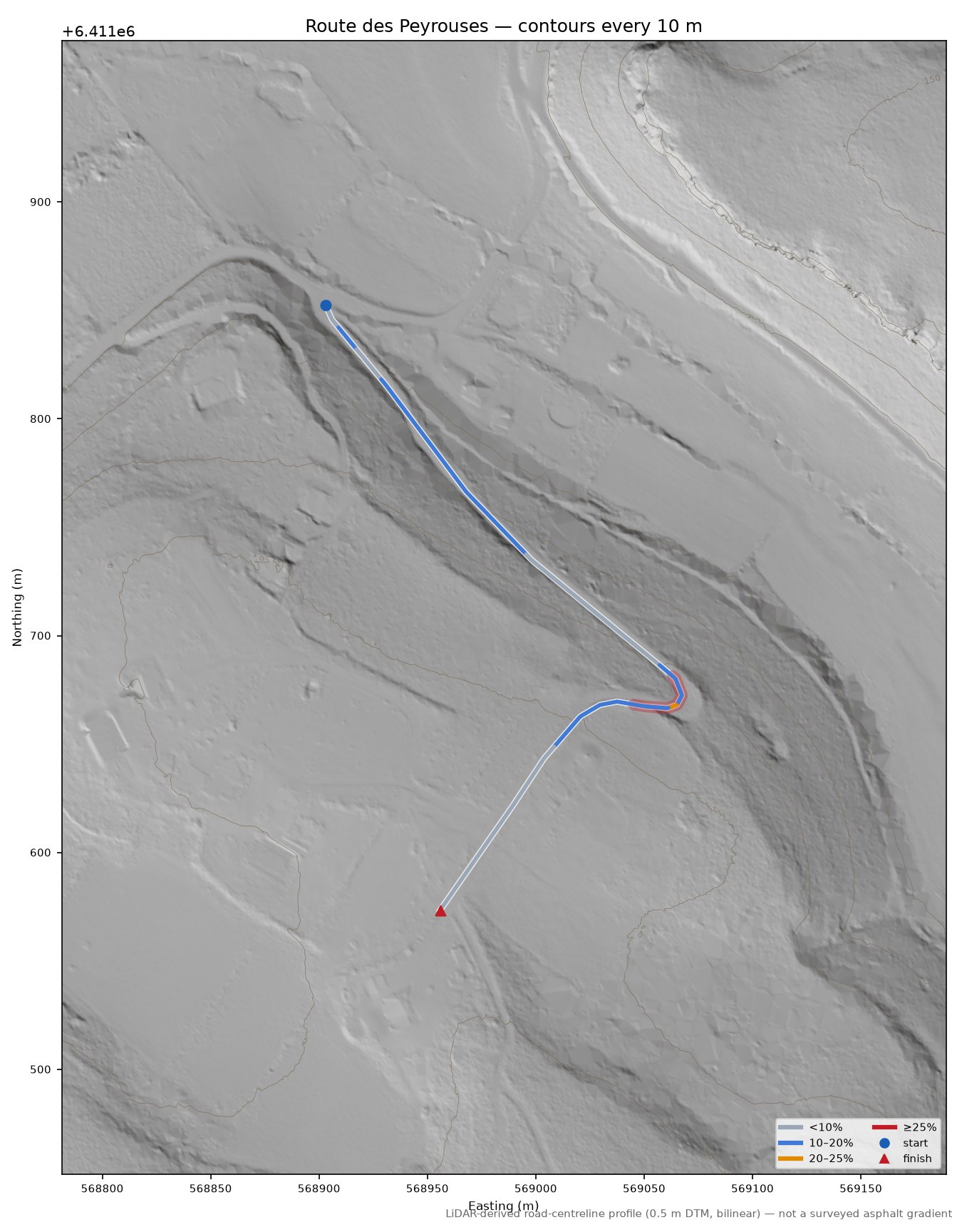 Route des Peyrouses LiDAR hillshade map with contours