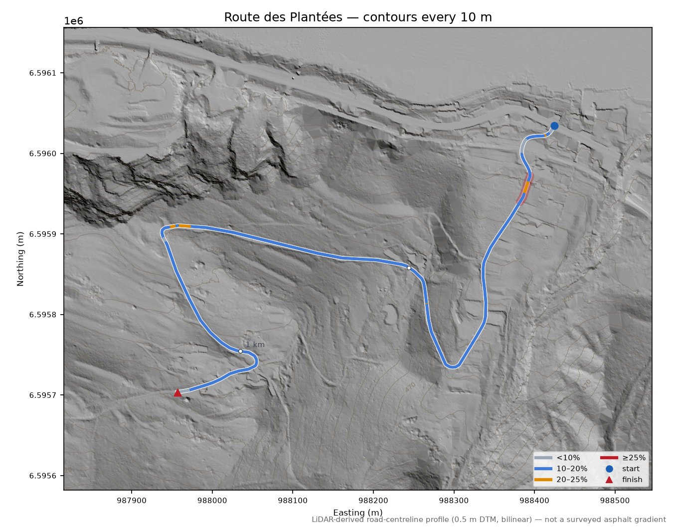 Route des Plantées LiDAR hillshade map with contours