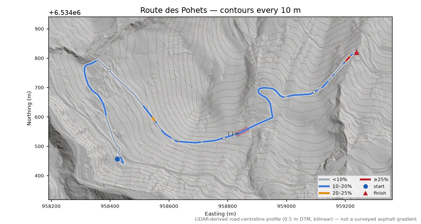 Route des Pohets LiDAR hillshade map with contours