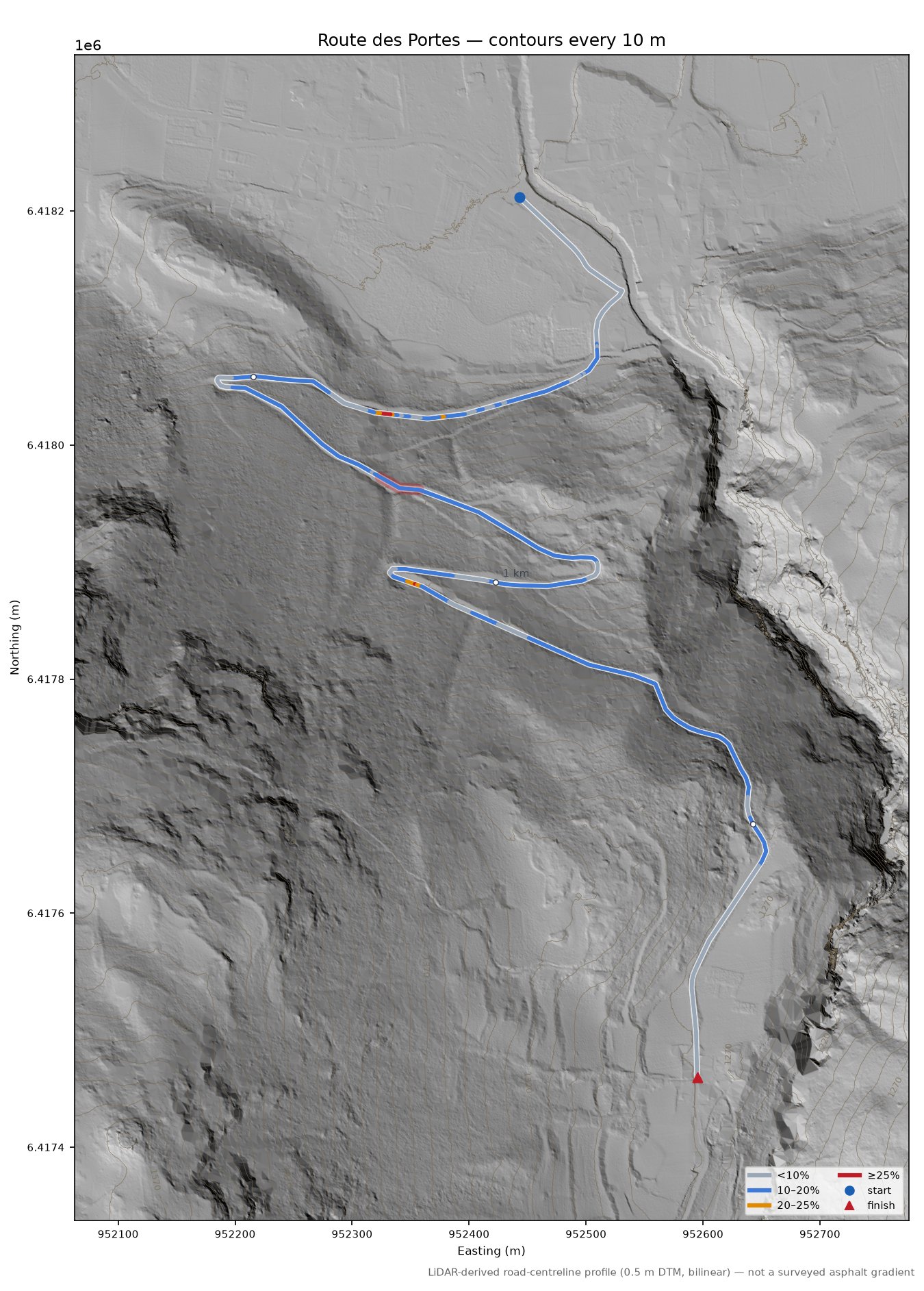 Route des Portes LiDAR hillshade map with contours