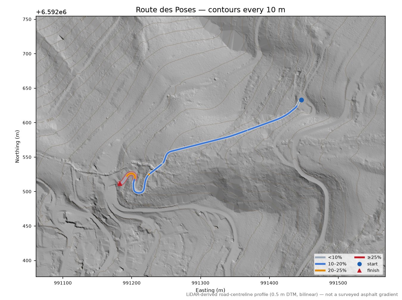 Route des Poses LiDAR hillshade map with contours