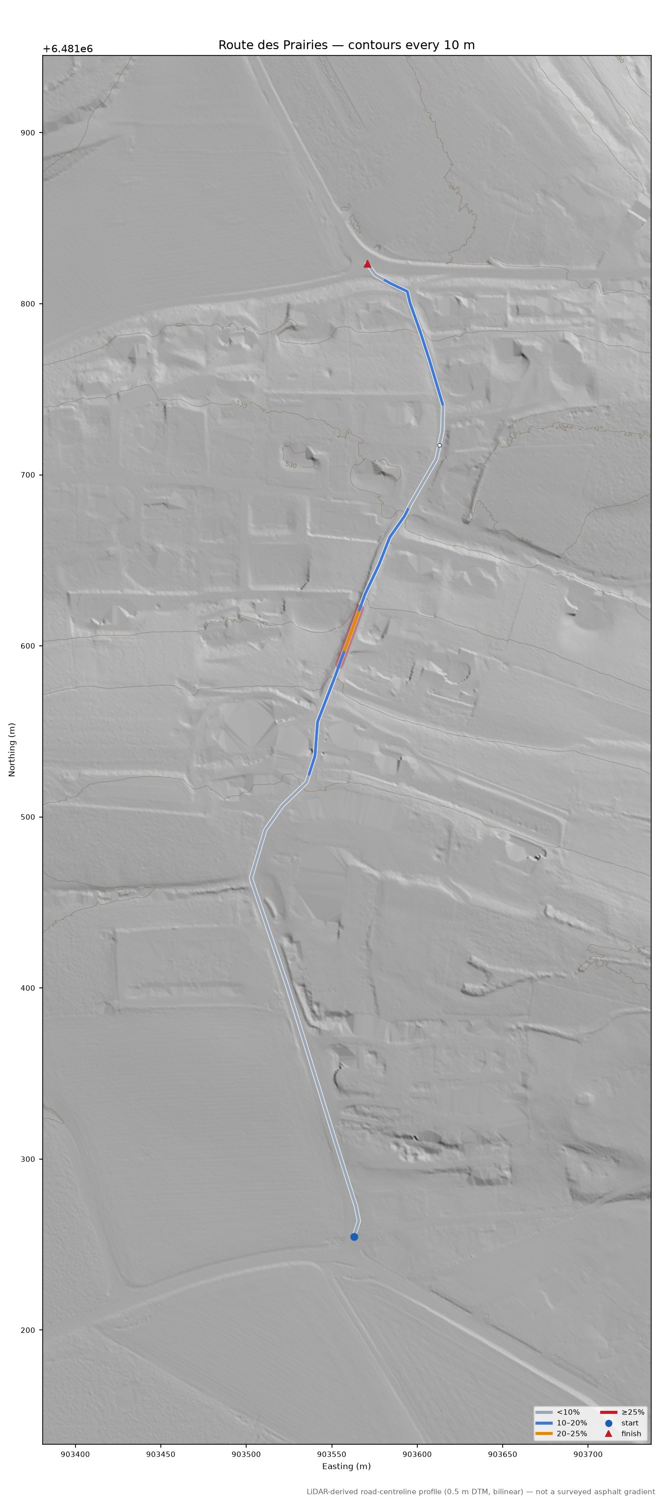 Route des Prairies LiDAR hillshade map with contours