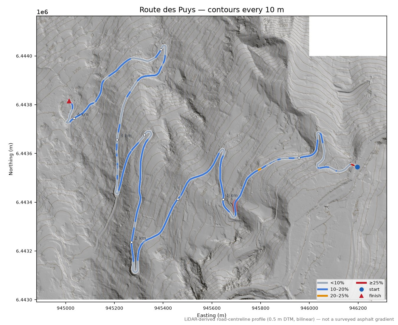 Route des Puys LiDAR hillshade map with contours