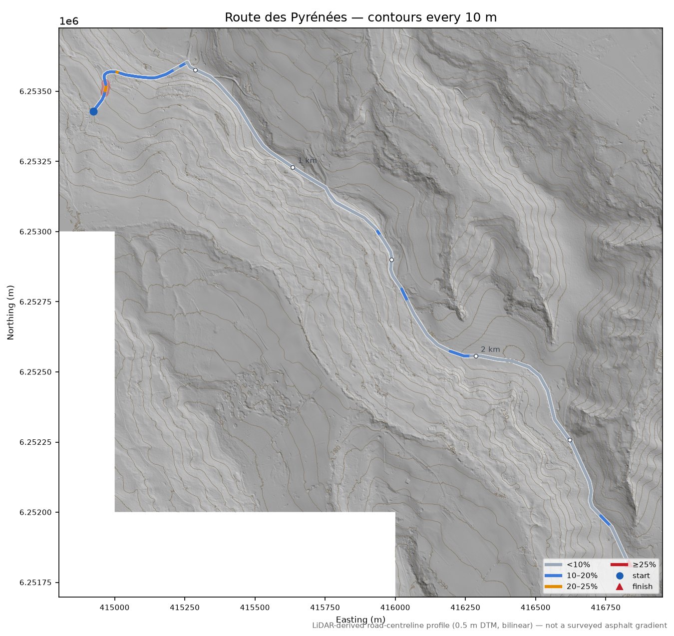 Route des Pyrénées LiDAR hillshade map with contours
