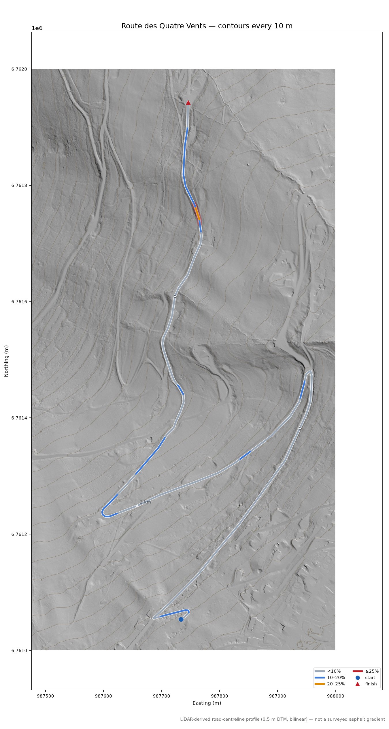 Route des Quatre Vents LiDAR hillshade map with contours