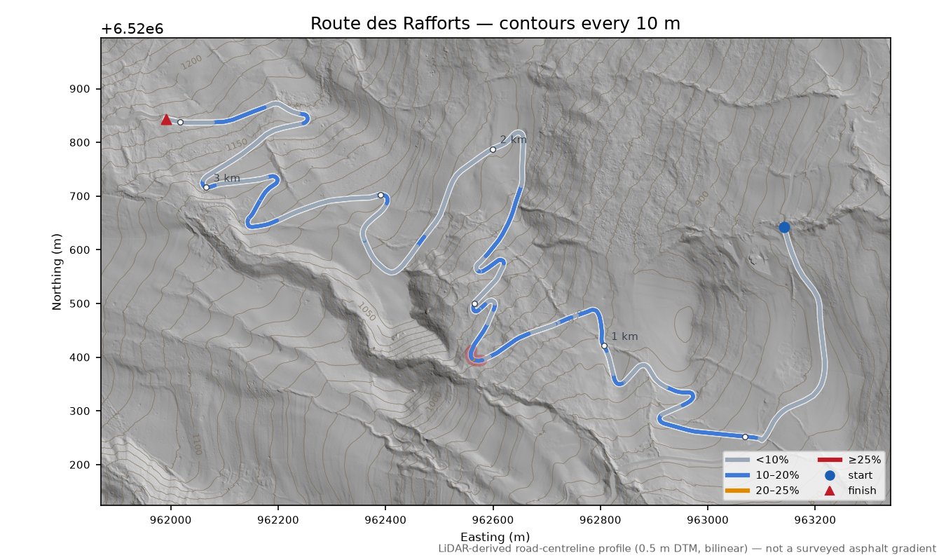 Route des Rafforts LiDAR hillshade map with contours